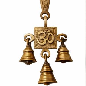 HANDTECHINDIA Brass Om Wall Hanging with 3 Bells Spiritual Home Decor for Entrance, Temple, Pooja Room & Gifting, Golden Finish, 16 cm Height, 8 cm Width, 220 Gram