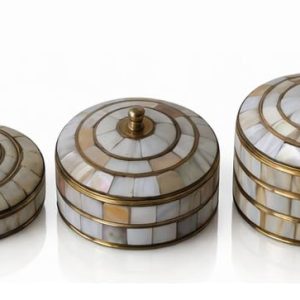 HANDTECHINDIA Round Hand Painted Decorative Jewelry Trinket Box Unique Gift for Home Decor Antique Metal Case with Mother of Pearl Sindoor/Coin/Jewelry Storage Box for Women (TYPE-13)