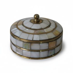 HANDTECHINDIA Round Hand Painted Decorative Jewelry Trinket Box Unique Gift for Home Decor Antique Metal Case with Mother of Pearl Sindoor/Coin/Jewelry Storage Box for Women (TYPE-12)
