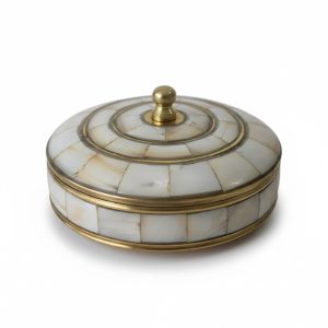 HANDTECHINDIA Round Hand Painted Decorative Jewelry Trinket Box Unique Gift for Home Decor Antique Metal Case with Mother of Pearl Sindoor/Coin/Jewelry Storage Box for Women (TYPE-1)