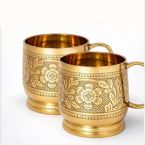 HANDTECHINDIA Handcrafted Moscow Mule Mug Pure Brass Drink Mug with Handle, 220 ml Capacity, Vintage Barware Cup for Cocktails, Beer & Home Bar Decor (Pack of 2)