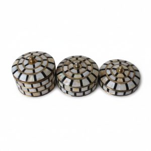 HANDTECHINDIA Round Hand Painted Decorative Jewelry Trinket Box Unique Gift for Home Decor Antique Metal Case with Mother of Pearl Sindoor Box/Coin Box for Women and Home Decor (TYPE-14)