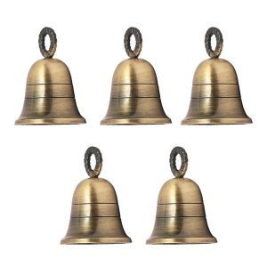 Set of 5 Hanging Brass Bells Wall Decor Indian Bells Home Decor Christmas Bell Garland Ornaments, Bells for Crafts, Jingle Bells for Small Pets Size 2H*1.5W (Rustic Bells)