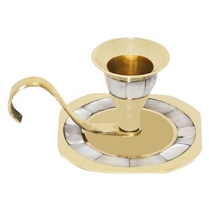 Wonderlist Handicrafts Vintage Brass Candle Holder with Handle Mother of Pearl Inlay (Square)