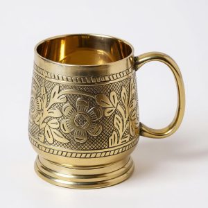 HANDTECHINDIA Handmade Pure Brass Kitchen Utensil Set, Traditional Masala Box, Cup Medium, Plate, Kettle, Glass, 250 ML Capacity, Home Decor Collection Heavy Duty (Cup Medium)