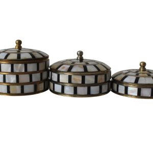 HANDTECHINDIA Set of 3 Vintage Round Hand-Painted Jewelry Trinket Boxes | Antique Metal Decorative Cases with Mother of Pearl | Sindoor, Coin & Keepsake Boxes for Women & Home Decor (Black-Pearl)