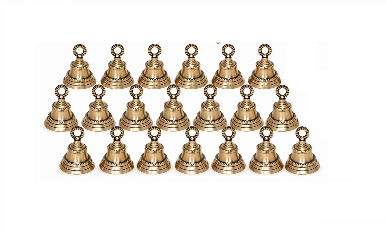HANDTECHINDIA Traditional Carved Mini Brass Bell for Prayer, Feng Shui, Home Temple, Handcrafted Antique Brass, 2 Inch Height, Sound Healing & Decor, Rituals and Meditation Pack of 20