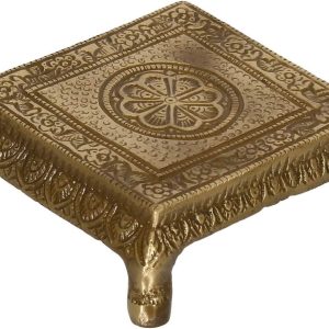 HANDTECHINDIA Brass Traditional Pooja Chowki Pooja Lotus Engraved 3.5 Inches Brass Pooja Chowki for God Idols Temple Decor God's Stool Puja Articles