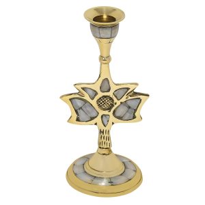 Vintage Brass Candle Holder with Handle, Mother of Pearl Inlay, Traditional Design Antique-Style Decorative Tealight Holder (Star)