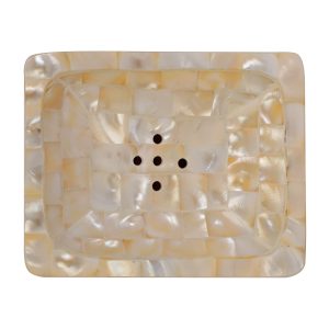HANDTECHINDIADecorative Tabletop Soap Dish with Drain Facial Sponge Tray Soap Dish Holder for Bathroom Kitchen Sink Polished Shiny Easy to Clean Beautifully Craft Bathtub Soap Dish Tray (PEARL SQUARE)