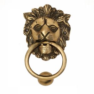 HANDTECHINDIA Decorative Golden Brass Door Knocker Victorian Style Brass Door Knocker Door Décor with Antique Finish Heavy Duty Brass Round Maharaja Door Knocker (Lion)