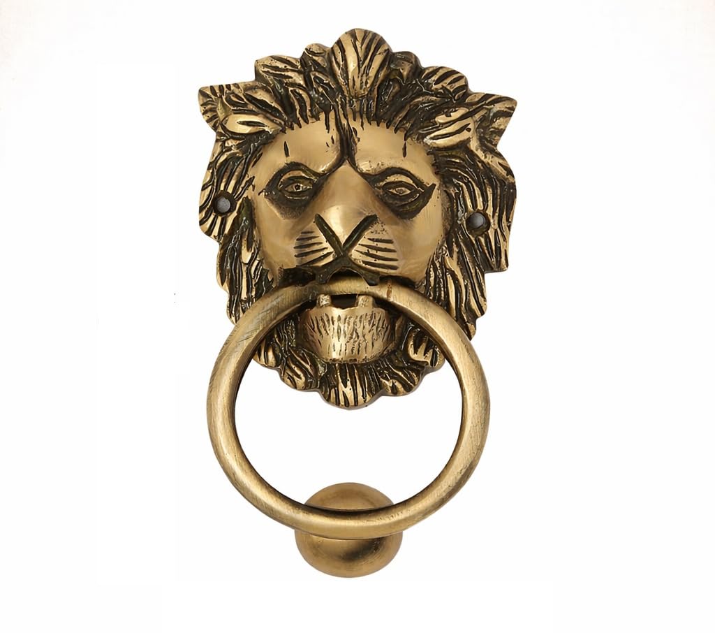 HANDTECHINDIA Decorative Golden Brass Door Knocker Victorian Style Brass Door Knocker Door Décor with Antique Finish Heavy Duty Brass Round Maharaja Door Knocker (Lion)