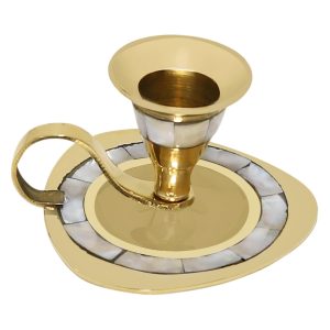 Vintage Brass Candle Holder with Handle, Mother of Pearl Inlay, Traditional Design Antique-Style Decorative Tealight Holder (Triangle)