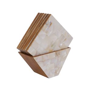 Wonderlist Handicrafts Mother of Pearl Coaster Set with Holder/Stand for Living Room, Dining Table, Bar, Tea, Home Decor Drink Holder, Rectangular Shape, Multi Color, 4.5 x 4.5 Inch, Set of 6