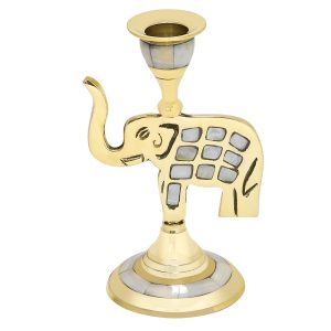 Vintage Brass Candle Holder with Handle, Mother of Pearl Inlay, Traditional Design Antique-Style Decorative Tealight Holder (Elephant)