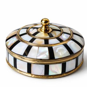 HANDTECHINDIA Round Hand Painted Decorative Jewelry Trinket Box Unique Gift for Home Decor Antique Metal Case with Mother of Pearl Sindoor/Coin/Jewelry Storage Box for Women (TYPE-10)