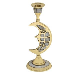 Vintage Brass Candle Holder with Handle, Mother of Pearl Inlay, Traditional Design Antique-Style Decorative Tealight Holder (Moon)