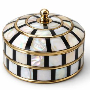 HANDTECHINDIA Round Hand Painted Decorative Jewelry Trinket Box Unique Gift for Home Decor Antique Metal Case with Mother of Pearl Sindoor/Coin/Jewelry Storage Box for Women (TYPE-5)