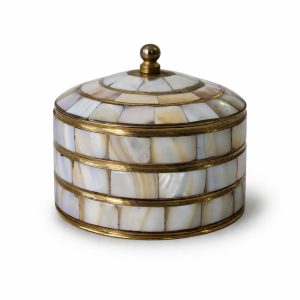 HANDTECHINDIA Round Hand Painted Decorative Jewelry Trinket Box Unique Gift for Home Decor Antique Metal Case with Mother of Pearl Sindoor/Coin/Jewelry Storage Box for Women (TYPE-3)