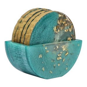 Handmade Epoxy Resin Coasters Set of 6 with Holder Luxury Drink Coasters for Coffee Tables, Bar Counter, Dining & Home Decoration (Green)