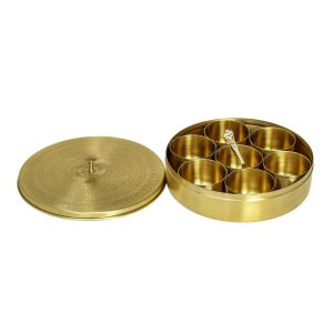 HANDTECHINDIA Brass Spice Box Set with 7 Containers, Golden Masala Storage Container with Lid and Spoon, Kitchen Organizer Masala Box Masala Dani Indian Spice Box Organiser (8 inch)