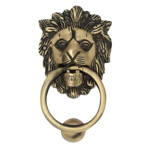 Vintage Gold Brass Cabinet Knobs Decorative Metal Pull Handle for Door Cabinet Drawer Home Furniture Handle Brass Knockers with Striker, Unique Design Door Knocker Hardware- Lion
