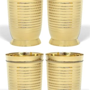 HANDTECHINDIA Brass Glass Tumbler with Ring Design, 250 ML Decorative Julep Cup for Drinking Water, Traditional Ayurveda Style Drinking Water Goblet(4)