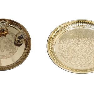 HANDTECHINDIA Pure Brass Nakshi Flower Design Embossed Aarti Puja Thali Platter Prasad Chandan Plate Hindu Rituals Temple Pooja Plate Pujan Thali Pooja Article (SET OF 2)
