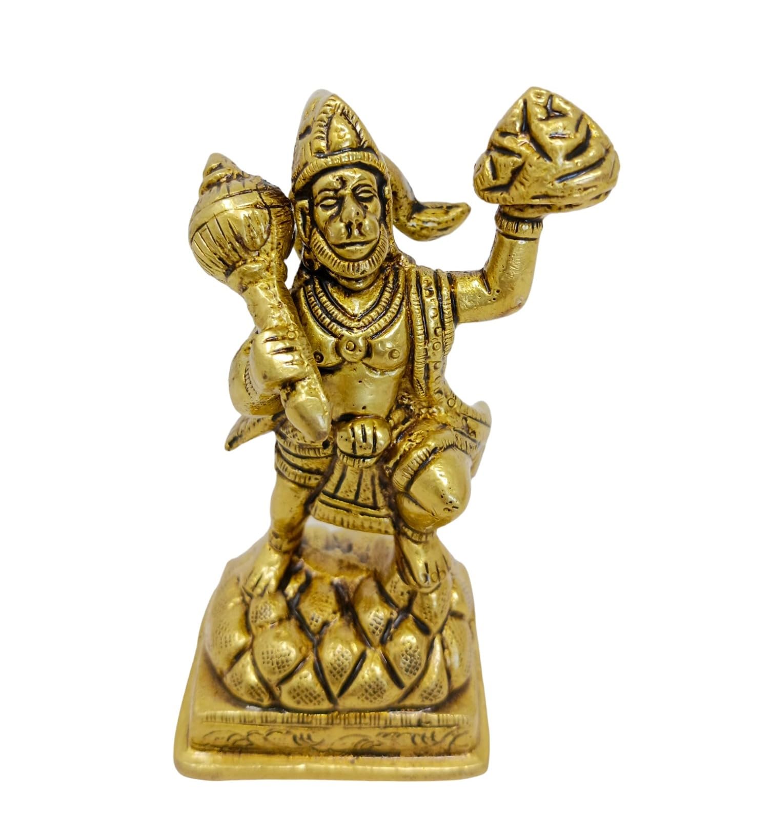 HANDTECHINDIA Divine Brass Hanuman Idol, Antique Finish Temple Statue, Handcrafted Bajrangbali Murti for Pooja, Religious Figurine Height- 4 inch.