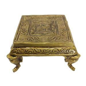 HANDTECHINDIA Brass Traditional Pooja Chowki Lotus Engraved 3.5 Inches for God Idols Temple Decor God's Stool Puja Articles with Elephant