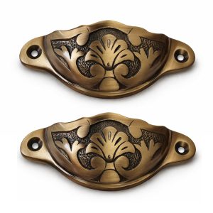 HANDTECHINDIA Antique Brass Drawer Pull Handles Set with Brass Screws Vintage Cabinet Handles Decorative Dresser Pulls for Furniture, Cupboard, Wardrobe, Desk & Chest Drawers (Type-7 Pack of 2)