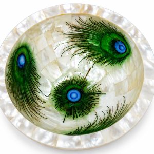 HANDTECHINDIA Handmade Mother of Pearl Peacock Bowl – Shell Inlay Decorative Bowl for Jewelry Storage, Coffee Table Décor & Elegant Gift