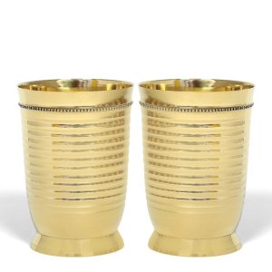 HANDTECHINDIA Brass Glass Tumbler with Ring Design, 250 ML Decorative Julep Cup for Drinking Water, Traditional Ayurveda Style Drinking Water Goblet (2)
