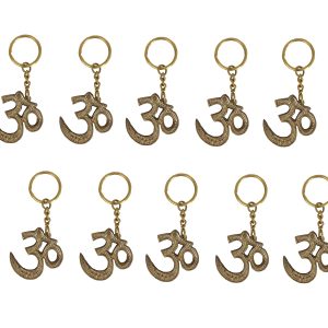 HANDTECHINDIA Keychain with Om Pendant Key Ring Gift for Men and Women Decor Key Holder for Car Key Accessories Purse Backpack, Golden Brass, 10 cm Length (Pack of 10)