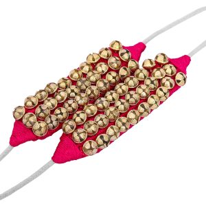 HANDTECHINDIA Dancing Bells Anklet Ghungroo with Soft Pink Cushion Pad, 3-Line (30+30) Brass Bells for Indian Classical Dance, Adjustable Brass Ankle Bells for Bharatanatyam, Kathak & Folk Dance