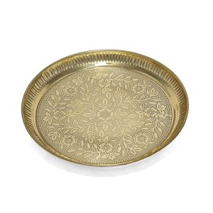 HANDTECHINDIA Pure Brass Nakshi Flower Design Embossed Aarti Puja Thali Platter Prasad Chandan Plate Hindu Rituals Temple Pooja Plate Pujan Thali Pooja Article (PLAIN)